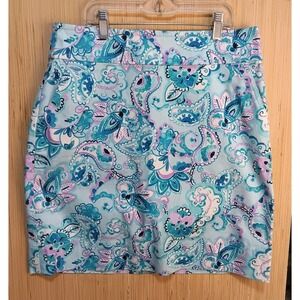 TALBOTS Sz 6 Colorful Aqua Paisley Printed Cotton Stretch Skirt Pockets Rear Zip